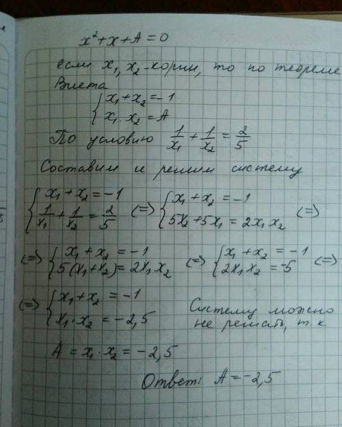 Известно что 1/х1 + 1/х2 = 2/5. где х1 и х2 корни уравнения х^2+х+а=0. найдите а p.s напишите с пон