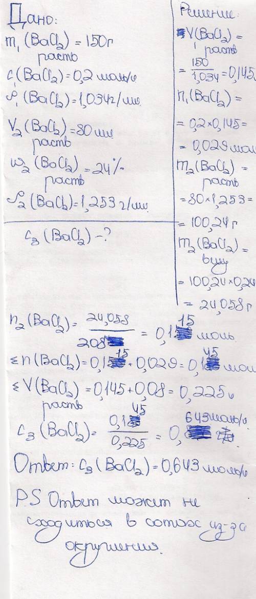 Рассчитайте молярную концентрацию раствора, приготовленного смешиванием 150 г раствора хлорида бария