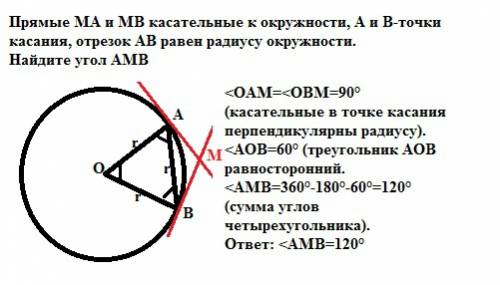 Прямые ма и мв касательные к окружности,а и в-точки касания,отрезок ав равен радиусу окружности.найд