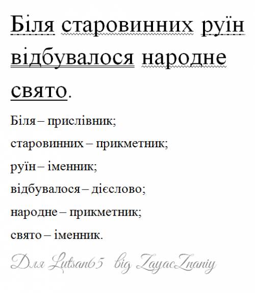 Підкреслити члени речення, надписати частини мови: біля старовинних руїн відбувалося народне свято.