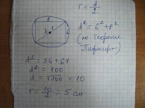 Прямоугольник со сторонами 6 и 8 вписан в окружность.найдите ее радиус