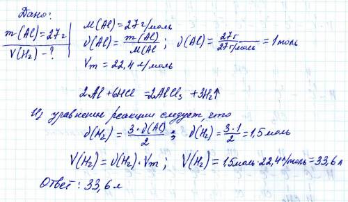 Рассчитайте какой объем водорода (н.у) образуется при взаимодействии 27 г алюминия с соляной кислото