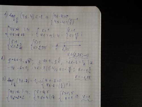 Решить. 1)log1/7 (4x-4)< -1 2)5^-2 x-3 = корень 5 3)log1/2 (4x-2)=-1