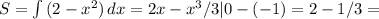 S= \int\limits {(2-x^2)} \, dx =2x-x^3/3|0-(-1)=2-1/3=