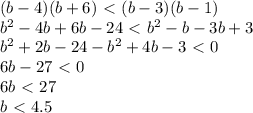 (b-4)(b+6)\ \textless \ (b-3)(b-1) \\&#10;b^2-4b+6b-24 \ \textless \ b^2-b-3b+3 \\&#10;b^2+2b-24-b^2+4b-3 \ \textless \ 0\\&#10;6b -27 \ \textless \ 0\\&#10;6b \ \textless \ 27 \\&#10;b \ \textless \ 4.5