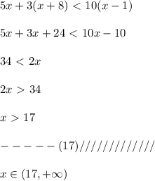 5x+3(x+8)\ \textless \ 10(x-1)\\\\5x+3x+24\ \textless \ 10x-10\\\\34\ \textless \ 2x\\\\2x\ \textgreater \ 34\\\\x\ \textgreater \ 17\\\\-----(17)/////////////\\\\x\in (17,+\infty )