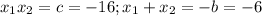 x_{1} x_{2} =c=-16; x_{1} + x_{2} =-b=-6