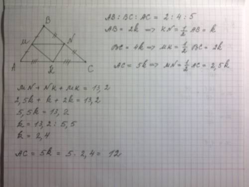 Стороны триугольника abc пропорциональны числам 2, 4 и 5. периметр треугольника образованный его сре
