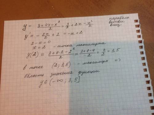 Cрочно. укажите область значения функции y = 3+4x-x^2/2 варианты 1)-бесконечность; +бесконечность 2)