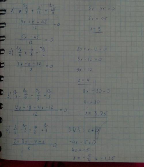 Решить уравнения! 1) x/3+x/12=15/4 2) x/4+x/8= 3/2 3) x-6/4-x/3=1 4) 2/x-3=7/x+1 5) (10x-4)(3x+2)=0