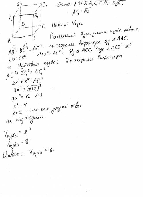 Знайдіть об'єм куба, діагональ якого дорівнює √12