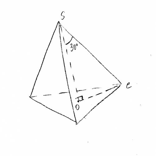 Угол между боковым ребром и высотой в правильной треугольной пирамиде равен 30 градусам. найдите объ