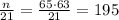 \frac{n}{21}= \frac{65\cdot63}{21}=195