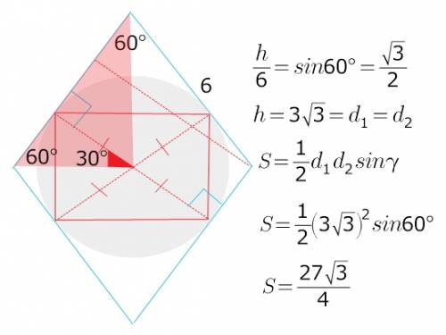 Дан ромб со стороной 6 и острым углом 60 градусов. найдите площадь прямоугольника, вершины которого