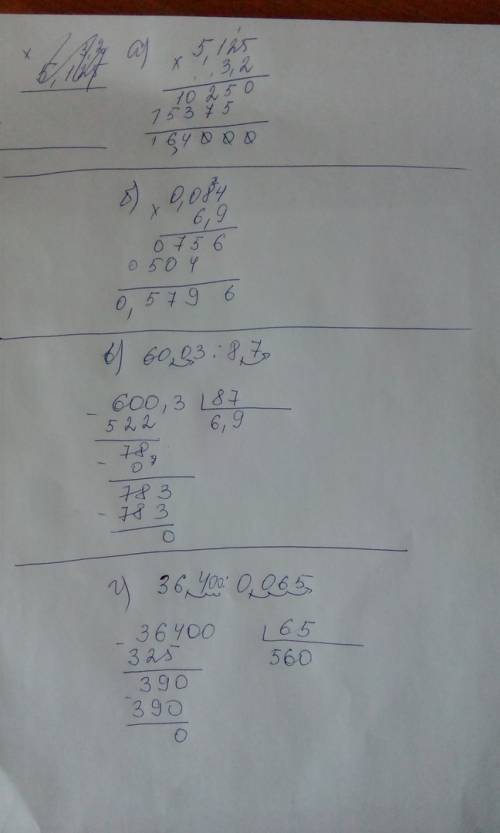 Выполни действие в столбик а)3,2*5,125 б)0,084*6,9 в)60,03: 8,7 г)36,4: 0,065