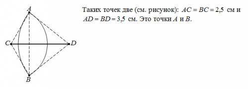 Начертите отрезок cd, длина которого равна 4 см. найдите точку, удалённую от точки c на 2,5 см, а от