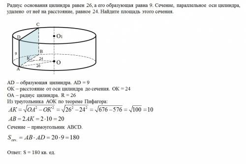 Радиус основания цилиндра равен 26, а его образующая равна 9. сечение, параллельное оси цилиндра, уд