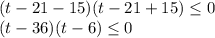 (t-21-15)(t-21+15) \leq 0\\(t-36)(t-6) \leq 0