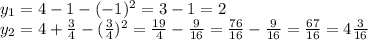 y_1=4-1-(-1)^2=3-1=2&#10;\\\&#10;y_2=4+ \frac{3}{4} -( \frac{3}{4} )^2= \frac{19}{4} - \frac{9}{16} = \frac{76}{16} - \frac{9}{16} = \frac{67}{16} =4 \frac{3}{16}