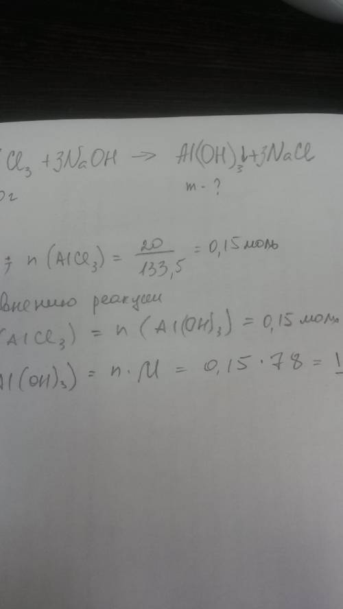 Найдите массу осадка который образуется при взаимодействии 20 г хлорид алюминия с гидроксидом натрия