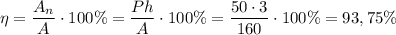 \eta = \dfrac{A_n}{A}\cdot 100\%=\dfrac{Ph}{A}\cdot 100\%=\dfrac{50\cdot 3}{160}\cdot 100\%=93,75\%