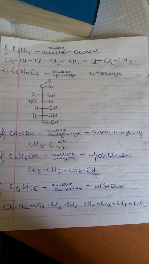 C8h16, c6h12o6, ch3coh, c3h6oh, c9h20. назовите все вещества и укажите к какому классу органических