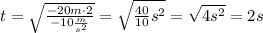 t = \sqrt{\frac{-20 m \cdot 2}{-10 \frac{m}{s^2}}} = \sqrt{\frac{40}{10} s^2} = \sqrt{4 s^2} = 2 s