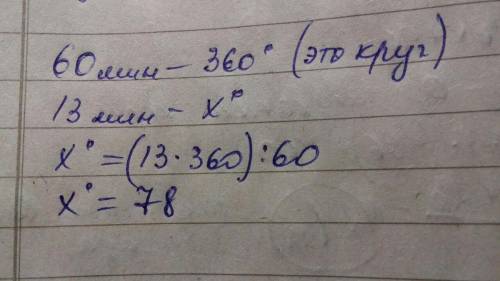 Какой угол (в градусах) образует минутная стрелка за 13 минут