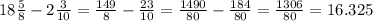 18\frac{5}{8} - 2\frac{3}{10} = \frac{149}{8} - \frac{23}{10} = \frac{1490}{80} - \frac{184}{80} = \frac{1306}{80} = 16.325