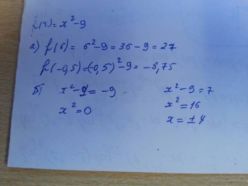 Функция задана формулой f(x)=x^2-9 a) найдите f(6), f(-0,5) б) найдите значение аргумента, при котор