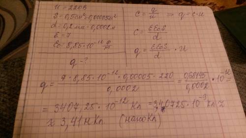 Плоский конденсатор зарядили до разности потенциалов, равной 220в. найти заряд,накопленный на пласти