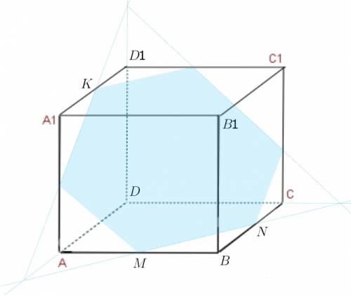 Дан куб abcda1b1c1d1 название против часовой стрелки m, n, k - середины ab, bc,a1d1 cоответсвенно, п