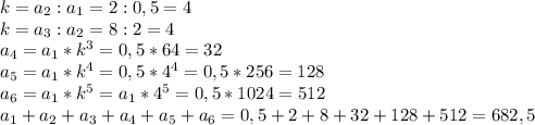 k=a_2:a_1=2:0,5=4\\k=a_3:a_2=8:2=4\\a_4=a_1*k^3=0,5*64=32\\a_5=a_1*k^4=0,5*4^4=0,5*256=128\\a_6=a_1*k^5=a_1*4^5=0,5*1024=512\\a_1+a_2+a_3+a_4+a_5+a_6=0,5+2+8+32+128+512=682,5