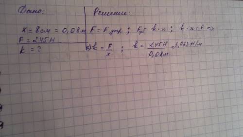 Чему равна жесткость пружины, ели она растянулась на 8см под дейстсием силы 245н