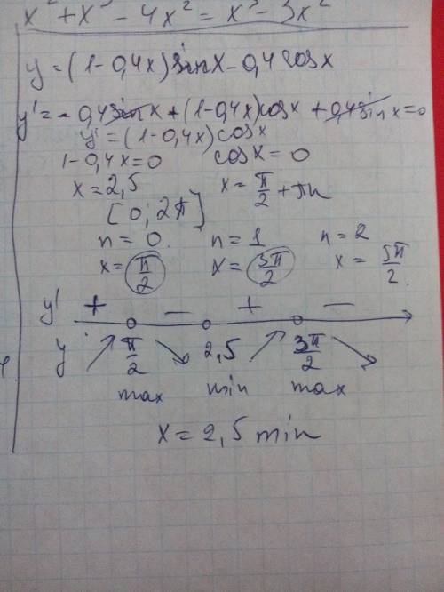 Найдите точку минимума функции y=(1-0,4x)sinx-0,4cosx, принадлежащему промежутку (0; 2pi)