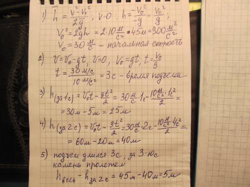 Камень, кинутый вертикально вверх, поднялся на высоту 45 м. найти: 1) время поднятия; 2) начальную с