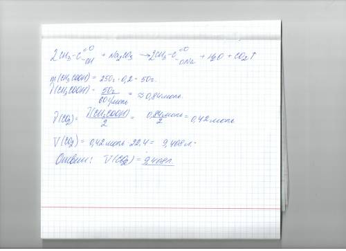 При взаимодействии 250мл 20% раствора уксусной кислоты с карбонатом натрия выделяется газ. определит
