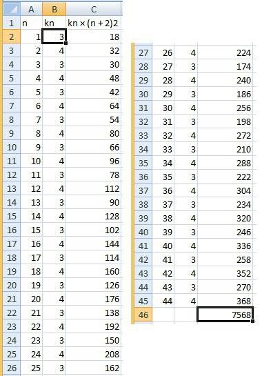 Сэлектронной таблицы найдите сумму элементов последовательности kn × (n + 2)2 для всех натуральных з
