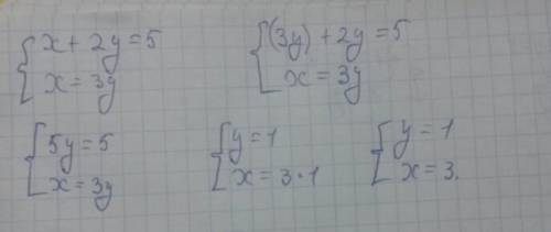 С! система линейных уравнений: х+2у=5 х=3у подстановки!
