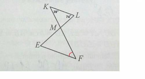 На рисунке отрезка kf и el пересекаются в точке m. kl ii ef, угол klm = 74, угол mkl = 39 найти угол