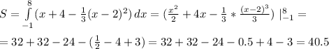 S=\int\limits^8_{-1} (x+4-\frac{1}{3}(x-2)^2) } \, dx =(\frac{x^2}{2}+4x-\frac{1}{3} *\frac{(x-2)^3}{3})\ |^8_{-1}=\\ \\ =32+32-24-(\frac{1}{2}-4+3)=32+32-24-0.5+4-3=40.5