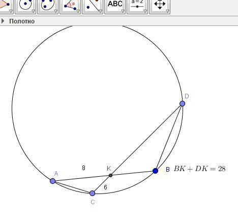 Вокружности проведены две хорды ab и cd, пересекающиеся в точке k, kc=6 см, ak= 8 см, bk+dk= 28 см.