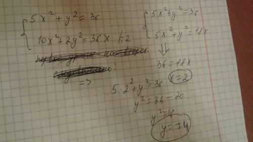 Решите систему уравнений 5х^2+у^2=36 и 10х^2+2у^2=36х