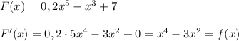 F(x)=0,2x^5-x^3+7\\\\F'(x)=0,2\cdot 5x^4-3x^2+0=x^4-3x^2=f(x)