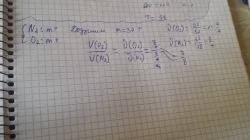 Массы азота и кислорода в смеси равны. найдите отношение v(o2)/v(n2) . надо