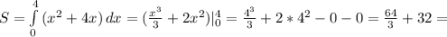 S= \int\limits^4_0 {(x^2+4x)} \, dx=( \frac{x^3}{3}+2x^2)|_{0}^{4}= \frac{4^3}{3}+2*4^2-0-0= \frac{64}{3}+32=