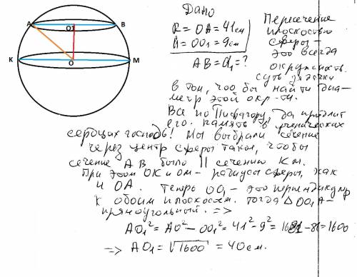 Сфера радиуса 41см пересечена плоскостью на расстоянии 9см от центра. найти длину линии сечения.