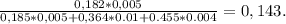 \frac{0,182*0,005}{0,185*0,005+0,364*0.01+0.455*0.004}=0,143.&#10;