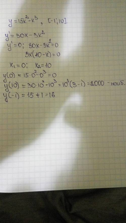 Найдите наибольшее значение функции у=15х^2-x^3 на отрезке [-1; 10]