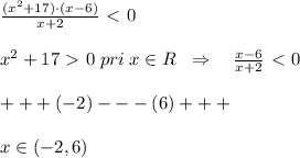 \frac{(x^2+17)\cdot (x-6)}{x+2} \ \textless \ 0\\\\x^2+17\ \textgreater \ 0\; pri\; x\in R\; \; \Rightarrow \quad \frac{x-6}{x+2} \ \textless \ 0\\\\+++(-2)---(6)+++\\\\x\in (-2,6)